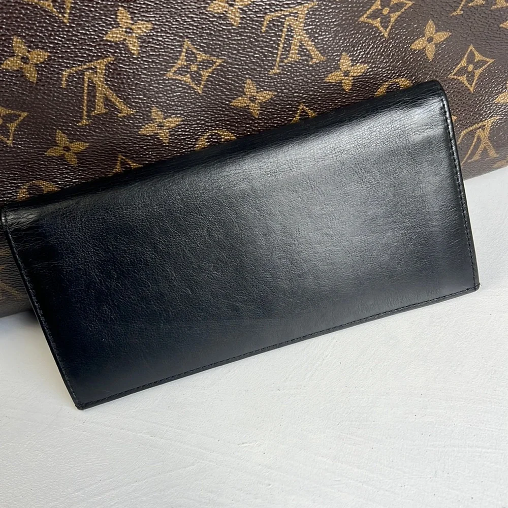 Auth. Dunhill Black Leather Long Bifold Wallet Card Bill holder Roomy Heavy duty